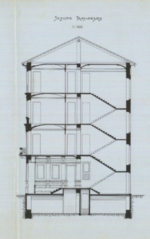 Sezione trasversale - progetto edilizio casa Cornaglia/Mollino (ASCT, PE I cat. 1902/126)