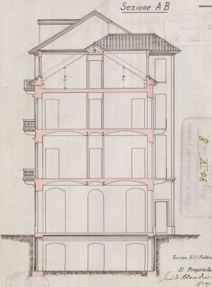Sezione trasversale - progetto edilizio casa conte Biandrà di Reaglie/Santonè (ASCT, PE I cat. 1908/146)
