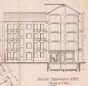 Sezione trasversale ABC - progetto edilizio casa Padrini/Fenoglio (ASCT, PE I cat. 1909/882)