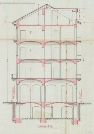 Sezione laterale AB - progetto edilizio casa Padrini/Fenoglio (ASCT, PE I cat. 1905/275)