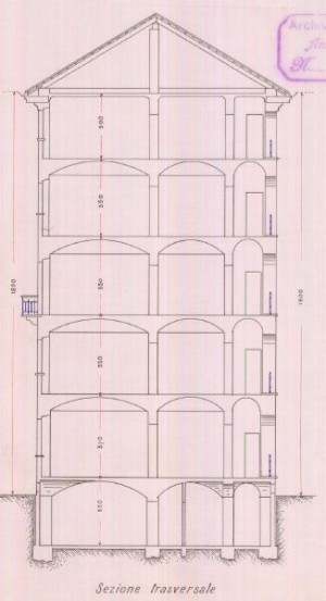 Sezione trasversale - progetto edilizio casa Società per Costruzione Case Popolari/Vandone-Momo (ASCT, PE I cat. 1906/218)