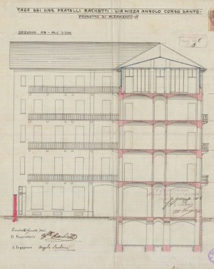 Sezione trasversale AB - progetto edilizio casa Rachetti/Santonè (ASCT, PE I cat. 1902/3)
