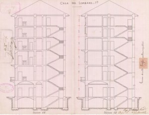 Sezione AB e CD - progetto edilizio casa Lombard/Vandone (ASCT, PE I cat. 1907/127)