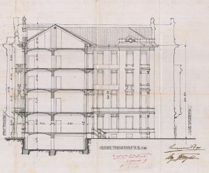 Sezione trasversale AB - progetto edilizio casa Rey/Fenoglio (ASCT, PE I cat. 1909/79)