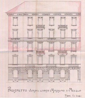 Facciata verso corso Massimo D'Azeglio - progetto edilizio casa Storero/Premoli (ASCT, PE I cat. 1909/880)