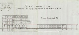Sezione trasversale AB - progetto edilizio stabilimento Società Officine Dubosc/Santonè (ASCT, PE I cat. 1906/442)