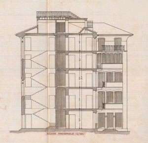 Sezione trasversale - progetto edilizio casa Blengini/Ceradini (ASCT, PE 1 cat. 1899/88)