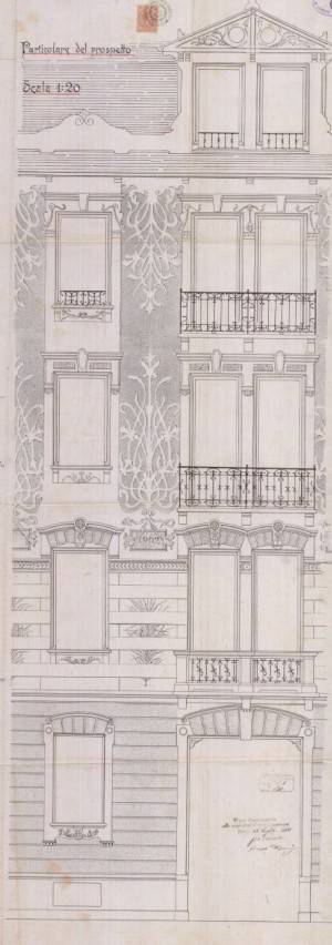 Particolare facciata - progetto edilizio casa Medana/Bonicelli (ASCT, PE I cat. 1901/130)