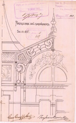 Particolare del coronamento - progetto edilizio casa Zorio/Bonicelli (ASCT, PE I cat. 1911/209)