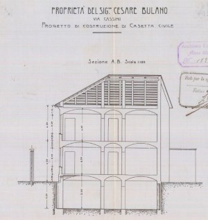 Sezione trasversale - progetto edilizio casa Bulano/Santonè (ASCT, PE I cat. 1906/182)