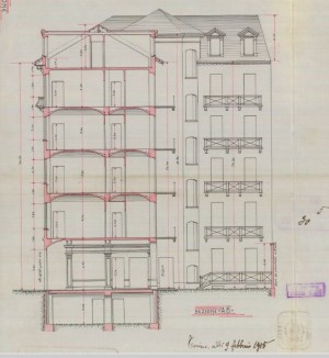 Sezione trasversale AB - progetto edilizio casa Audino/Fenoglio (ASCT, PE I cat. 1905/30)