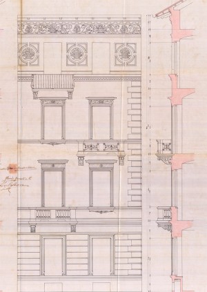 Particolare facciata verso via Montebello-progetto edilizio casa Florio/Ceresa (ASCT, PE I cat. 1910/385)