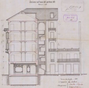 Sezione sull'asse del portone AB - progetto edilizio casa Grasso/Santonè (ASCT, PE I cat. 1909/54)