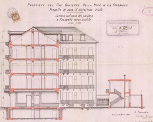 Sezione sull'asse del portone e Prospetto verso cortile - progetto edilizio casa Della Noce/Santonè (ASCT, PE I cat. 1908/255)