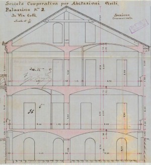 Sezione trasversale - progetto edilizio casa Società Cooperativa per Abitazioni Civili/Gribodo (ASCT, PE I cat. 1905/36)
