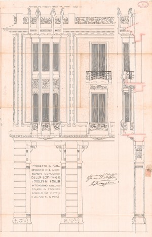 Particolare facciata verso via Viotti-progetto edilizio casa Della Zoppa/Molteni (ASCT, PE I cat. 1905/184)